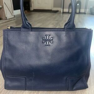 Tory Burch Ella Navy Blue Canvas Large Leather Tote Bag Purse